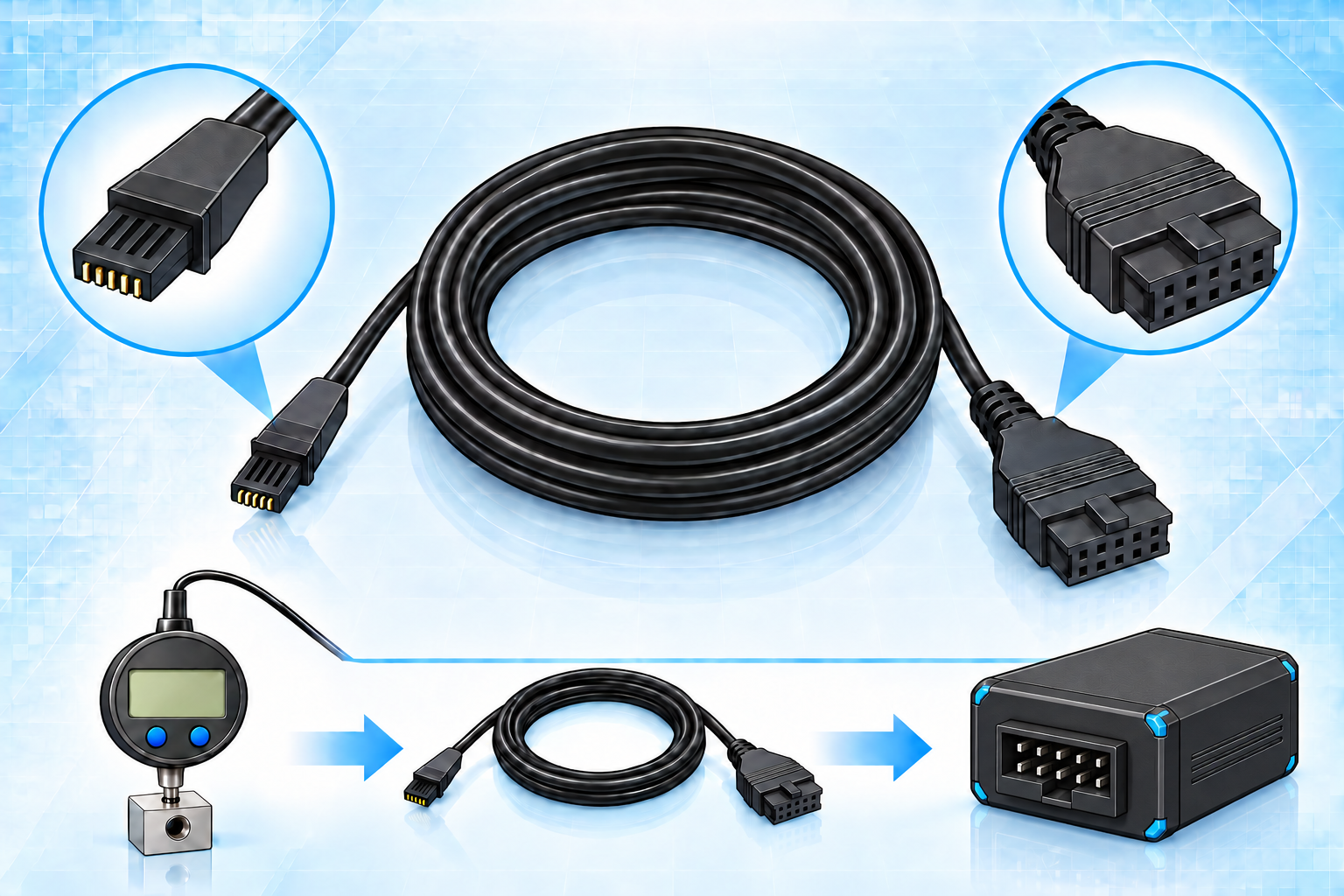 Mitutoyo two-metre data cable and connectors in cartoon style